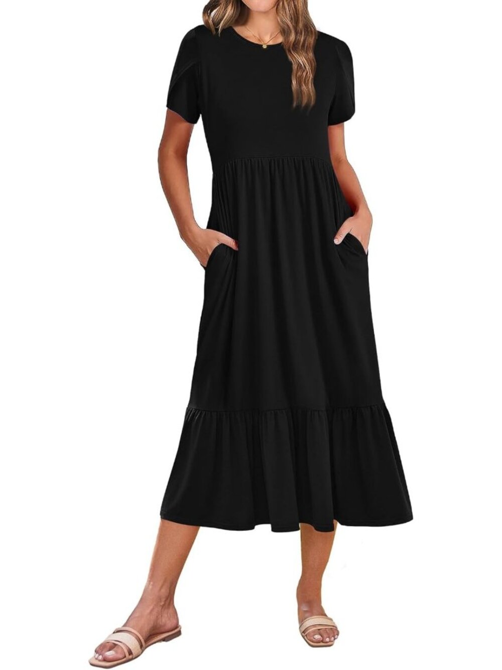 Summer Midi A-Line Dress for Women | Casual Flowy Tiered Sundress with Pockets